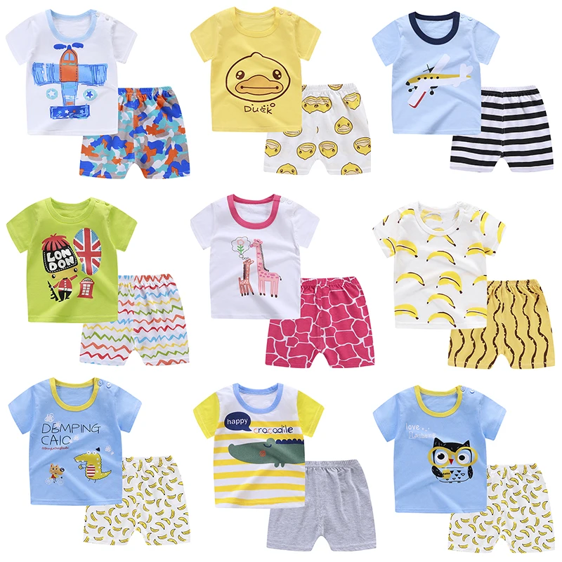 Factory Price Summer Children Clothes Set 100 Cotton Short Sleeve 2pcs