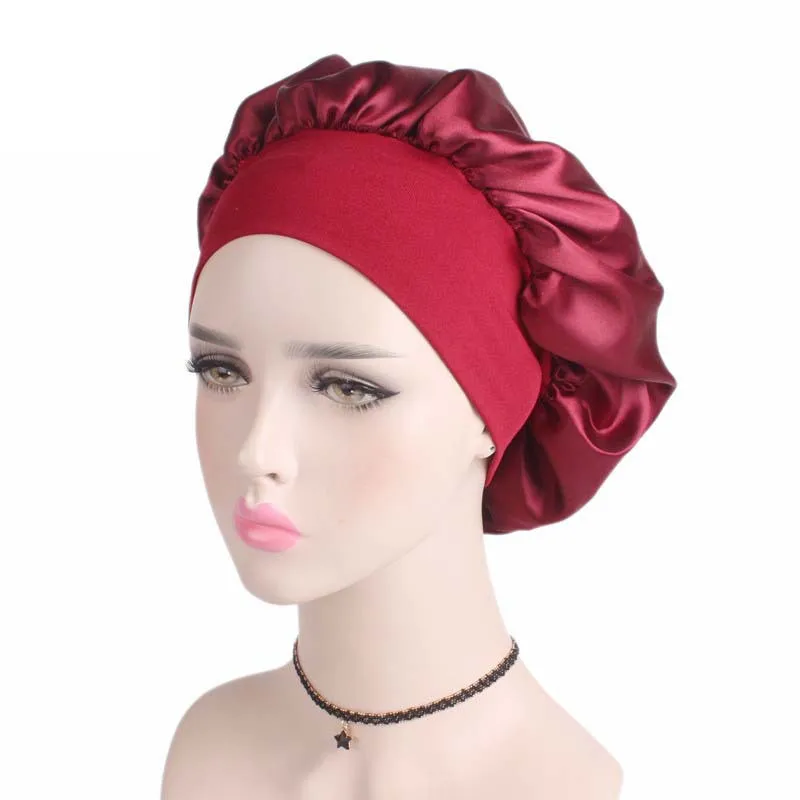 New Style Silky Sleeping Bonnet Caps Plain Night Sleep Hat Women Hair Satin Bonnet With Wide Band