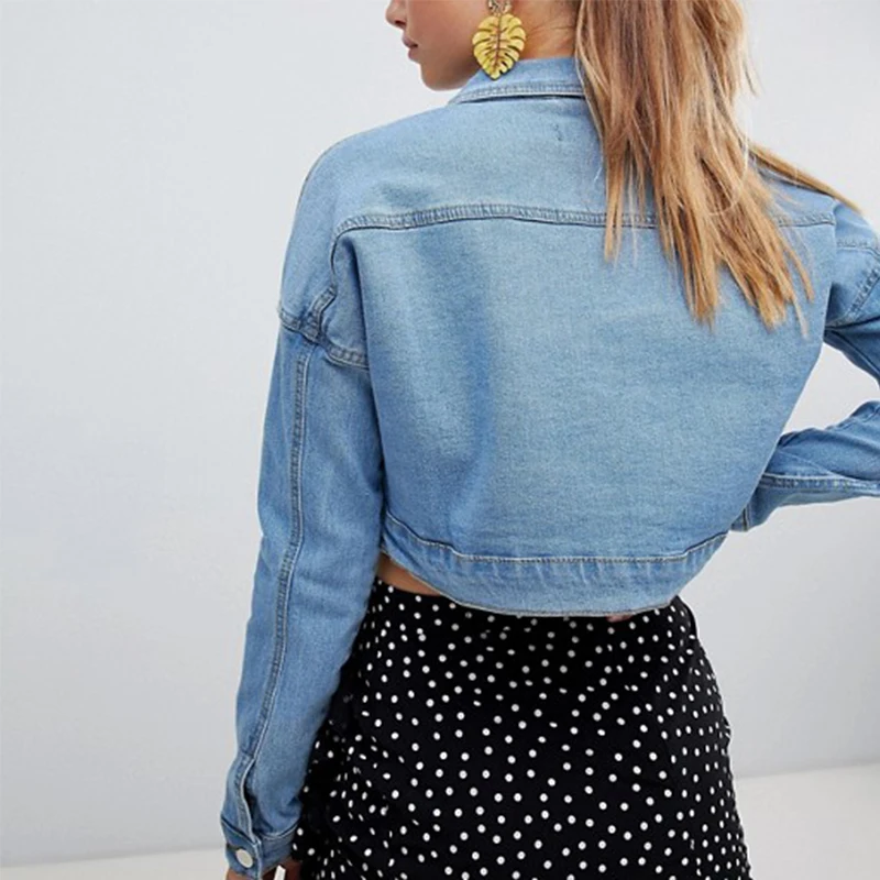Оптовая продажа женская синяя джинсовая короткая куртка модная короткая укороченная обычная джинсовая куртка