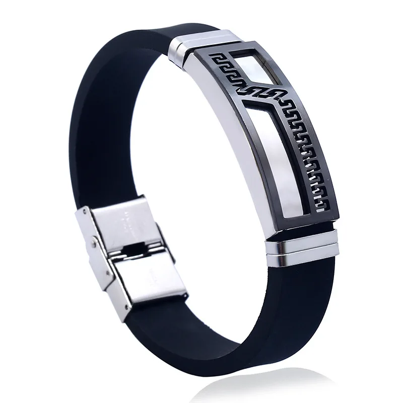 High Quality Punk Style Custom Design Black Silicone Jewelry 316L Stainless Steel Rubber Bracelets