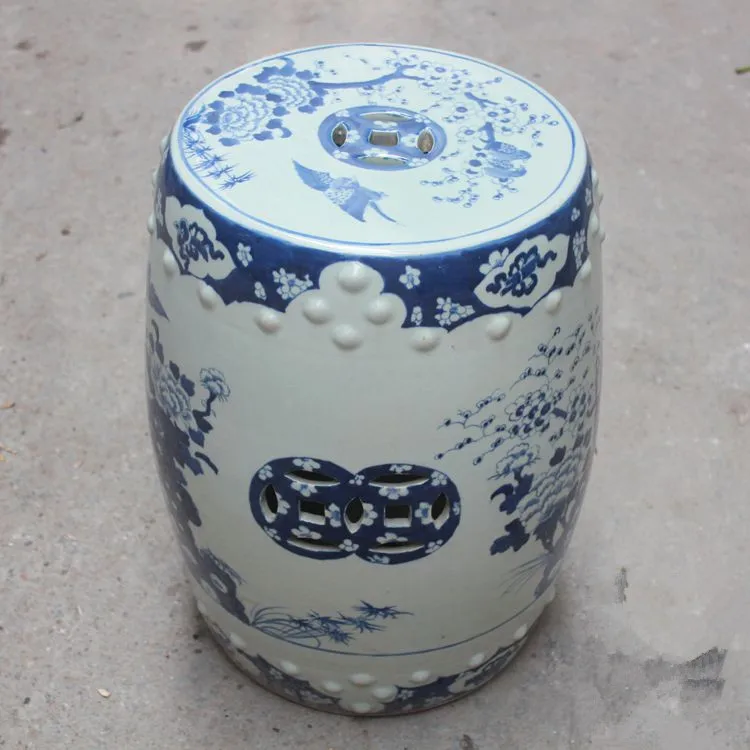 Warehouse Chinese Ceramic Garden Stools Hand Painted Flower Bird  Pattern Blue and White Ceramic Outdoor Stool Online Sale