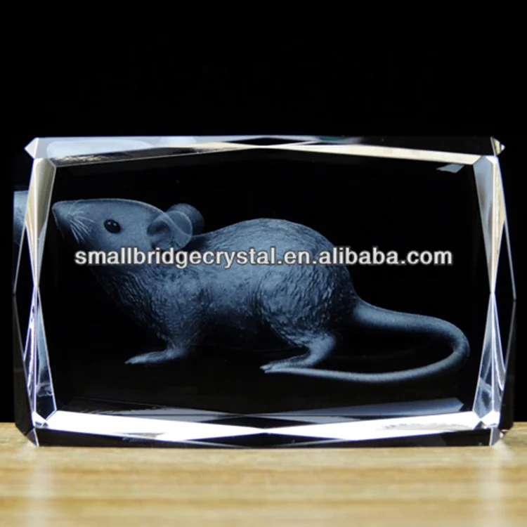 Crystal Christmas Gifts 3D Laser Engraved Crystal Cube of Mouse Animal