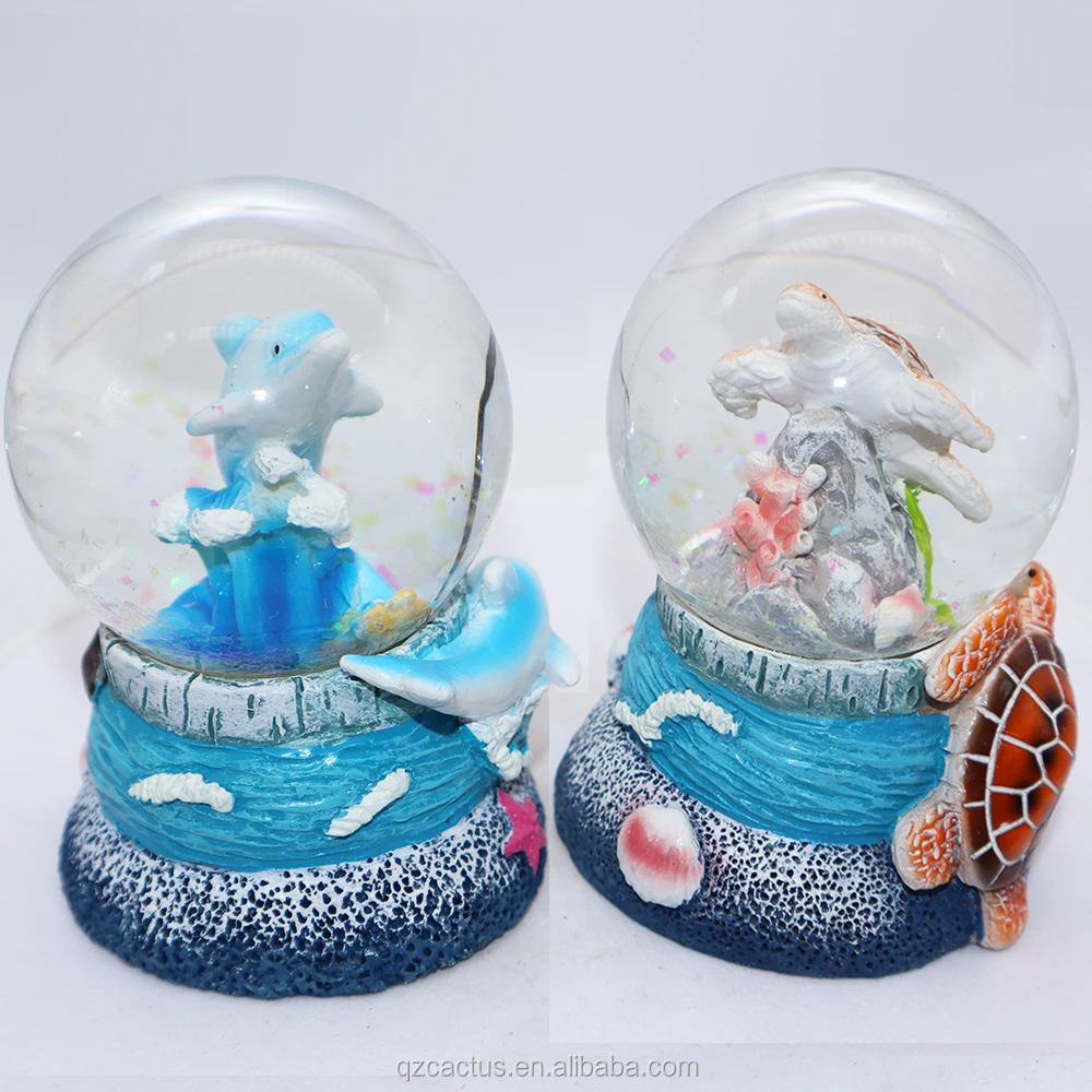 Decoration Best Price Hot Sela Ocean Series Custom Snow Globe Resin Sea Turtles Dolphin Fish Resin Souvenir Items Cactus 7X7X9CM
