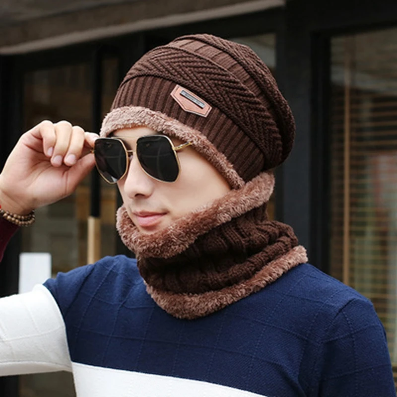 Warm Winter Beanies for Men Stocking Caps with Scarf Lining