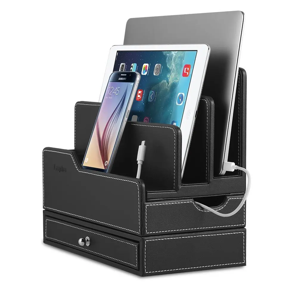 Кожаная зарядная станция и органайзер для нескольких устройств, большой объем, настольный органайзер для шнура