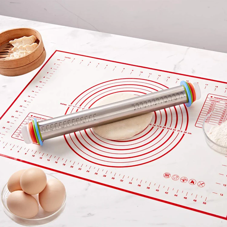 Adjustable Rolling Pin with Removable Rings Complemented with Silicone Baking Pastry Mat-a Must-Have for Bakers!