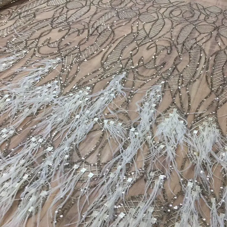Custom Reversible Sequin Tulle Fabric Mesh Lace Fabric With Feather for Show
