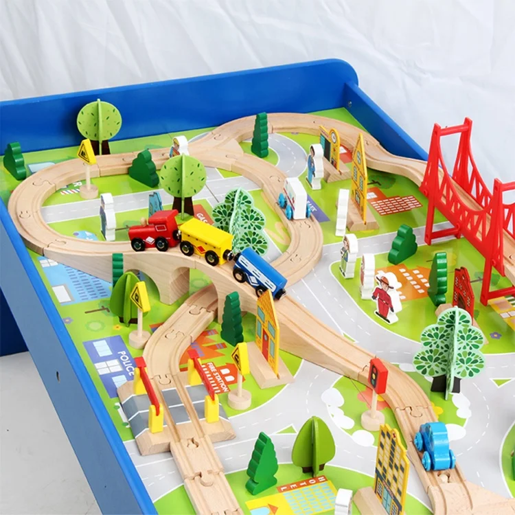 Preschool Play Building Toy Functional Table Game Wooden Rail Magnetic Train Track Set