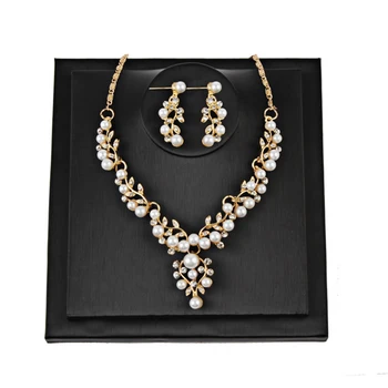 Fashion Earring And Necklace Set Pearl Leaves Gold African Set Jewelry