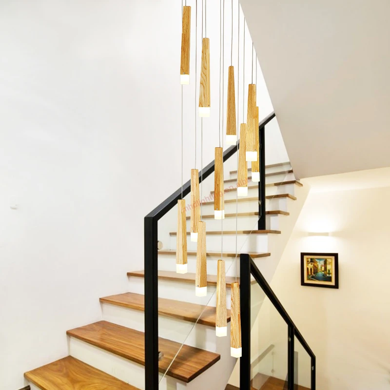 Country Style Roof Entryway Hanging Branch Rustic Wooden Long Spiral Staircase Chandelier for High Ceilings Light