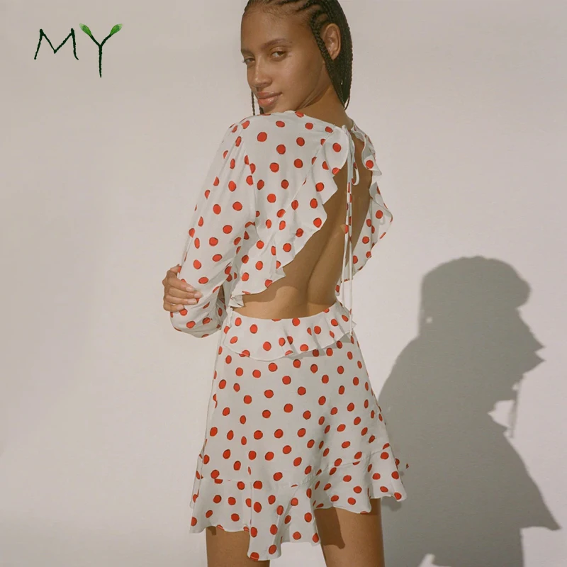 Backless Dress,Polka Dot Ruffle Dress 