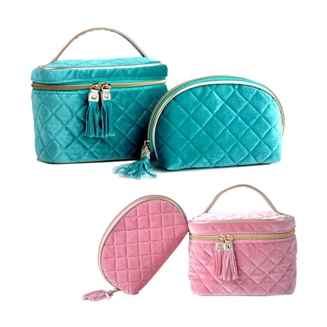 Pink velvet quilted travel bag