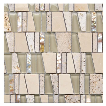 Pearl Oyster Glass Travertine Shell, Beige Color Modern Mosaic Tile, Bathroom Decor Ideas