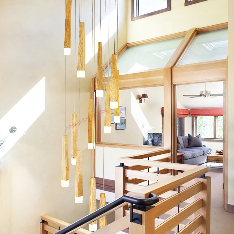 Country Style Roof Entryway Hanging Branch Rustic Wooden Long Spiral Staircase Chandelier for High Ceilings Light