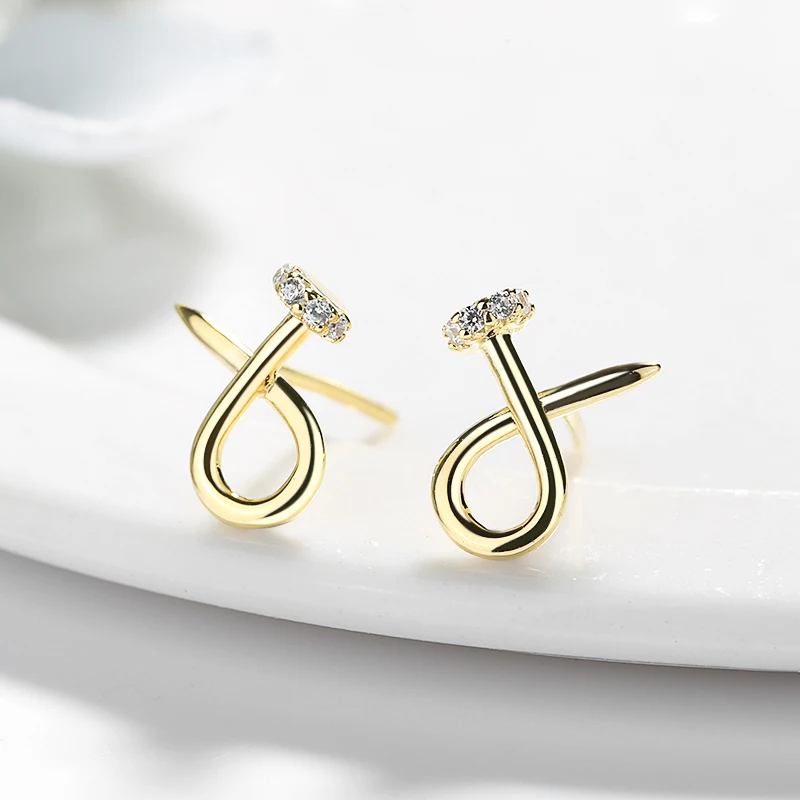 ZHILIAN Women Personality Jewelry 925 Silver Custom CZ Zircon Gold Plated Bent Nails Stud Earrings Simple Silver Earrings