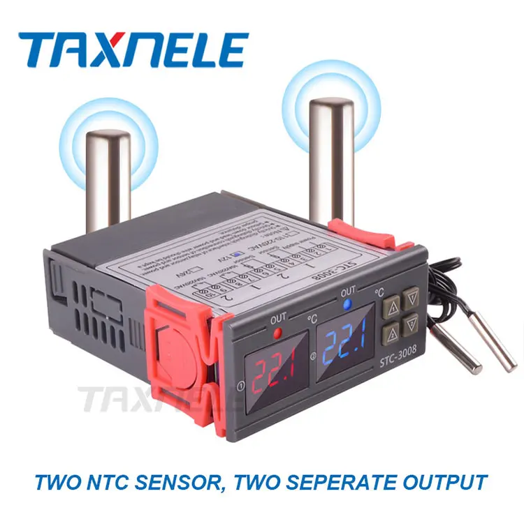 
STC-3008 двойной цифровой термостат с контроллером температуры, инкубатор с двумя релейными выходами, терморегулятор, нагреватель, охладитель, 12 В, 24 В, 220 В 