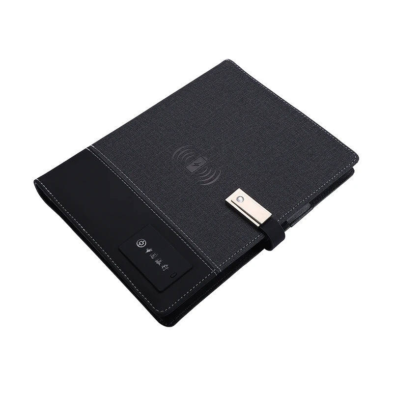 8000mah OEM portable custom wireless power bank diary notebook charger with 16gb usb flash drive and LED logo