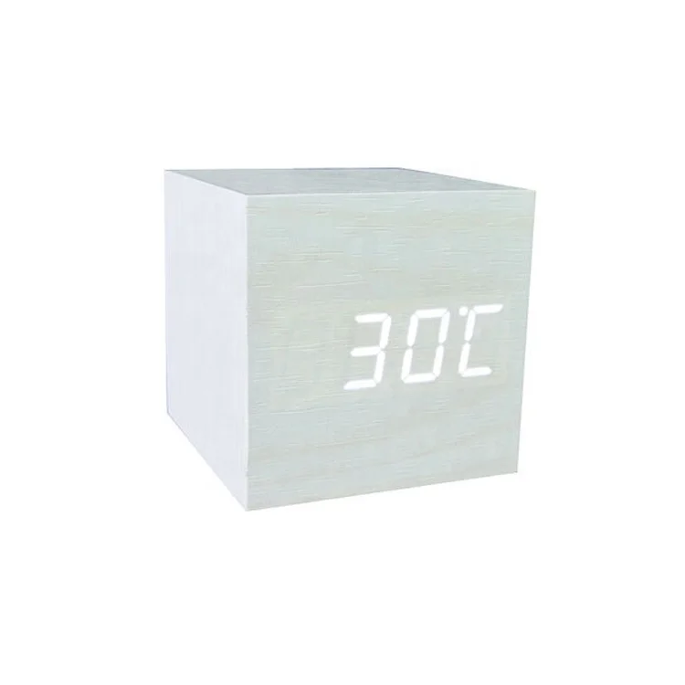 Promotional Desktop Different Colored Fonts Digital Thermometer Temperature Time and Date Roller Play Wooden Alarm Clock