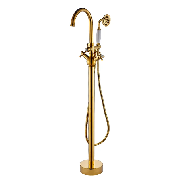 FLG High Quality Gold Floor Mounted Freestanding Bathtub Faucet with Hand Shower