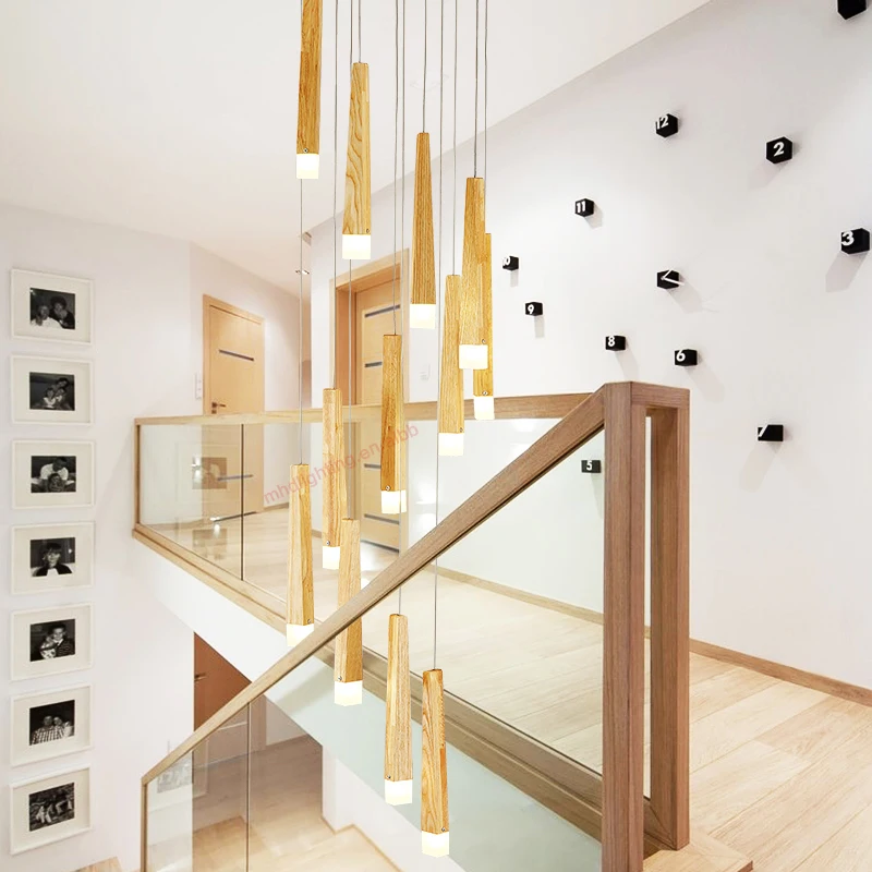 Country Style Roof Entryway Hanging Branch Rustic Wooden Long Spiral Staircase Chandelier for High Ceilings Light