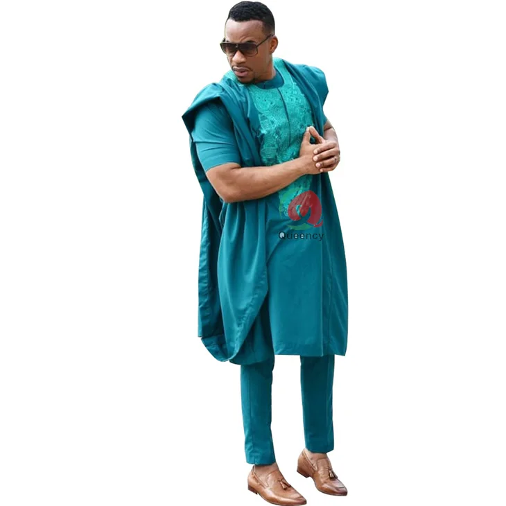 Африканская мужская длинная одежда Queency 2019 года, богатый базин, мужской костюм, топ, рубашка, брюки, комплект из 3 предметов, большие размеры