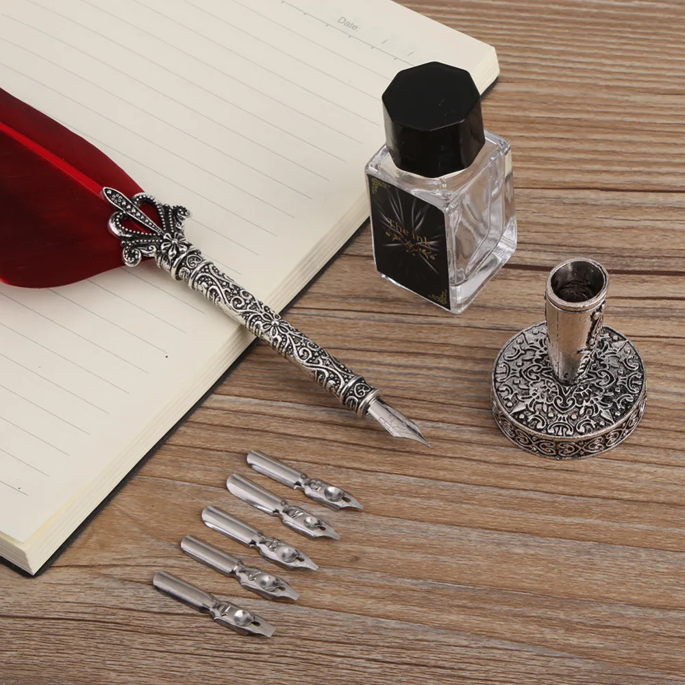 
New English Calligraphy Feather Dip Pen Writing Ink Stationery set Gift Box with 5 Nib Wedding Gift Quill Pen Fountain Pen 
