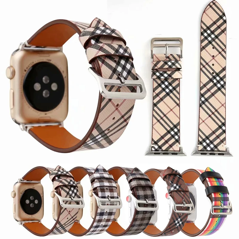 Plaid Pattern Leather Watch Band Strap For Apple Watch Band Series 4 3 2 1  38mm 42mm 40mm 44mm Leather Watch Band With Adapter - Buy Plaid Pattern Leather  Watch Band For