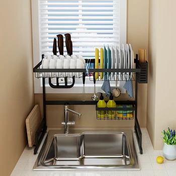 Black 65/85cm Stainless Steel Kitchen Dish Rack U Shape Sink Drain