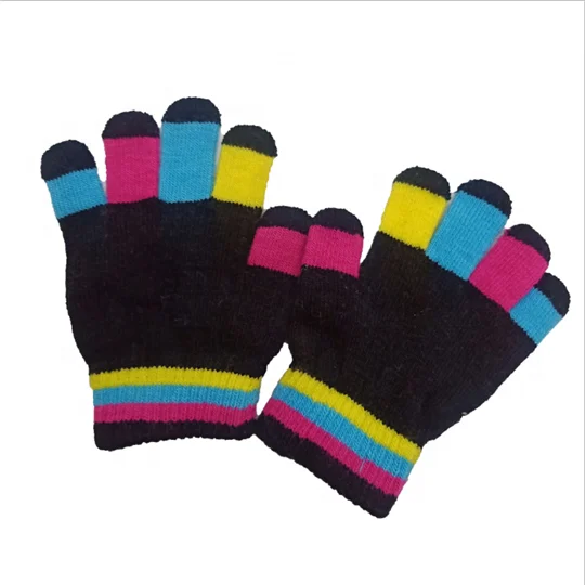 
 Рекламные зимние теплые детские акриловые вязаные зимние теплые волшебные перчатки в радужную полоску для детей  