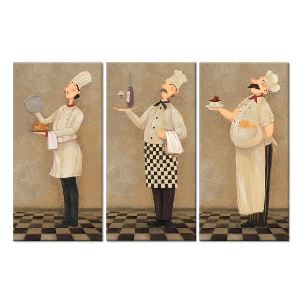 3 Pieces Kitchen Pictures Wall Decor Funny French Chef Vintage Poster Print  Stretched And Framed For Kitchen Dining Room Decor - Buy Chef Wall Art, Kitchen Wall Decor,French Chef Canvas Wall Art Product
