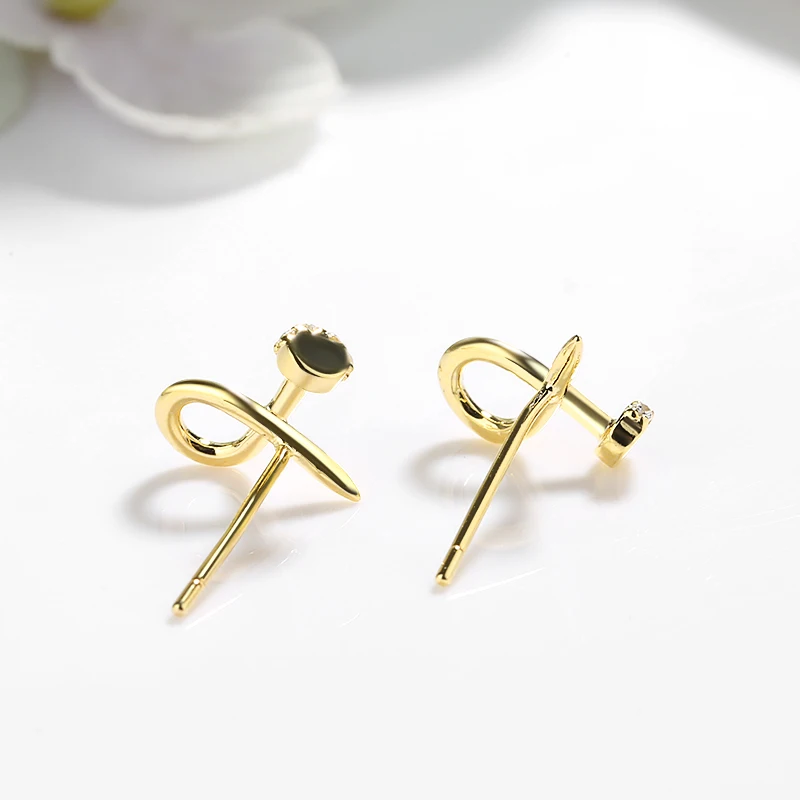 ZHILIAN Women Personality Jewelry 925 Silver Custom CZ Zircon Gold Plated Bent Nails Stud Earrings Simple Silver Earrings