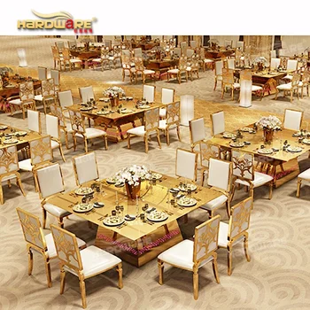 New Design Golden Glass Top Long Led Illuminated Wedding Dining Table Led