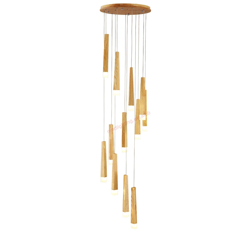 Country Style Roof Entryway Hanging Branch Rustic Wooden Long Spiral Staircase Chandelier for High Ceilings Light
