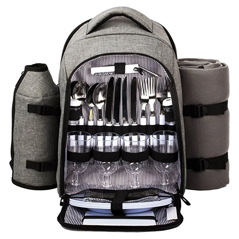 Fleece Blanket Grey TAIBID Picnic Backpack for 4 Person Set with Insulated Compartment,Detachable Wine Holder Plates and Cutlery Set for Outdoor Camping 
