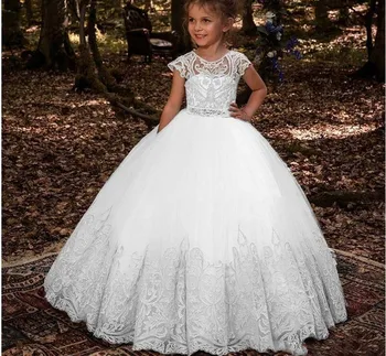 ZH2083Q Lovey Lace applique Princess Flower Girl Dresses 2019 cap Sleeve Tulle Toddler Pageant Ball Gown First Communion gowns