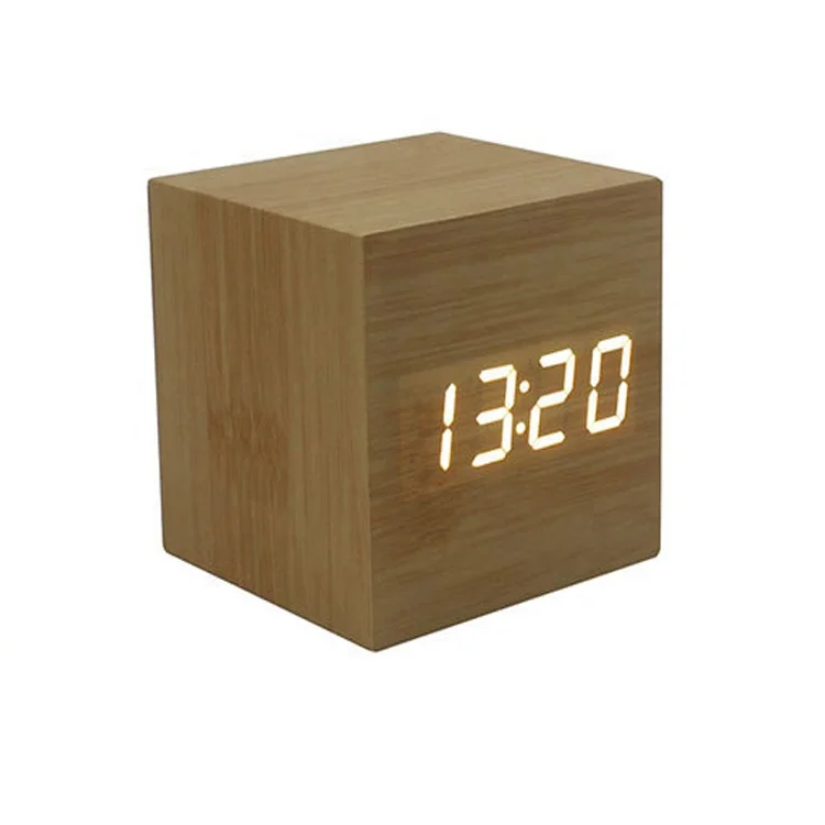 Promotional Desktop Different Colored Fonts Digital Thermometer Temperature Time and Date Roller Play Wooden Alarm Clock
