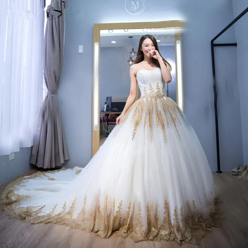 Light gold beaded queen style sleeves sparkle ball gown wedding dress with  sweep train & glitter tulle - various styles