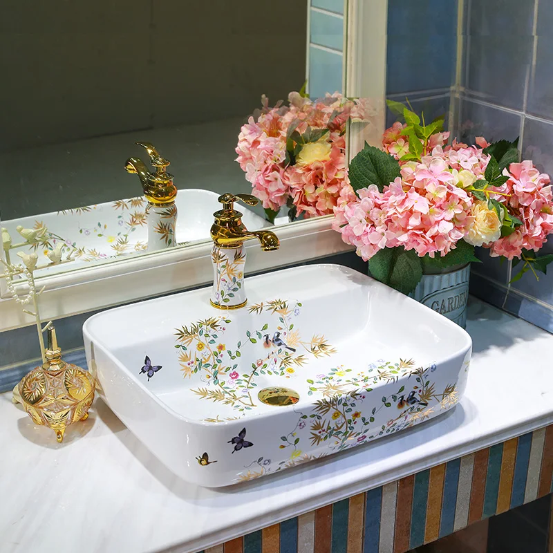Rectangular Gold Flower and Bird Pattern Porcelain Ceramic Wash Basin Bathroom Sink