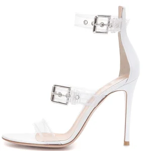 Fashion White Women Stilettos Sandals Large Size Clear PVC High Heels Buckle Strap Ladies Shoes