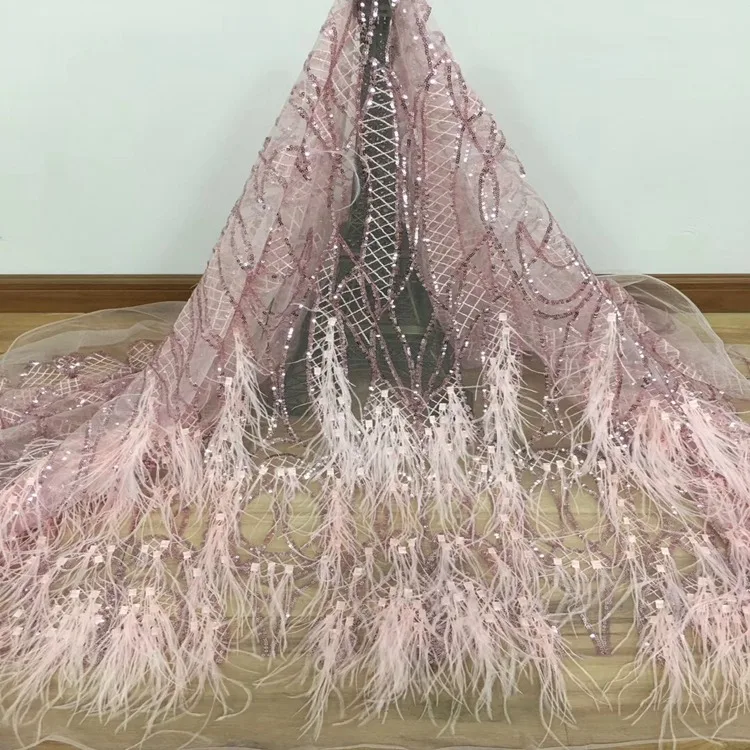 Custom Reversible Sequin Tulle Fabric Mesh Lace Fabric With Feather for Show