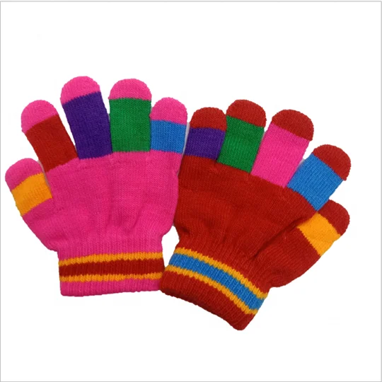 
 Рекламные зимние теплые детские акриловые вязаные зимние теплые волшебные перчатки в радужную полоску для детей  
