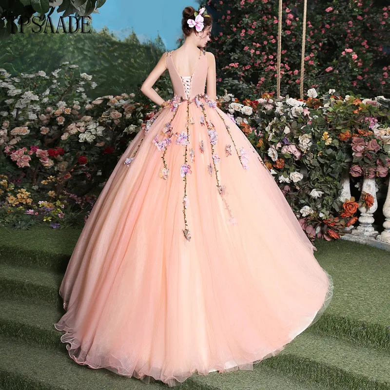2025 Latest Design Pink Pleat Tulle Colorful Sequin Beaded Flowers V Neck Sleeveless Ball Gown Evening Dress Vestido De Noche