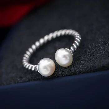 Vintage Fashion Personalized Simple Ladies Elegant 925 Ring Women Twist Open Natural Freshwater Pearl Ring Silver