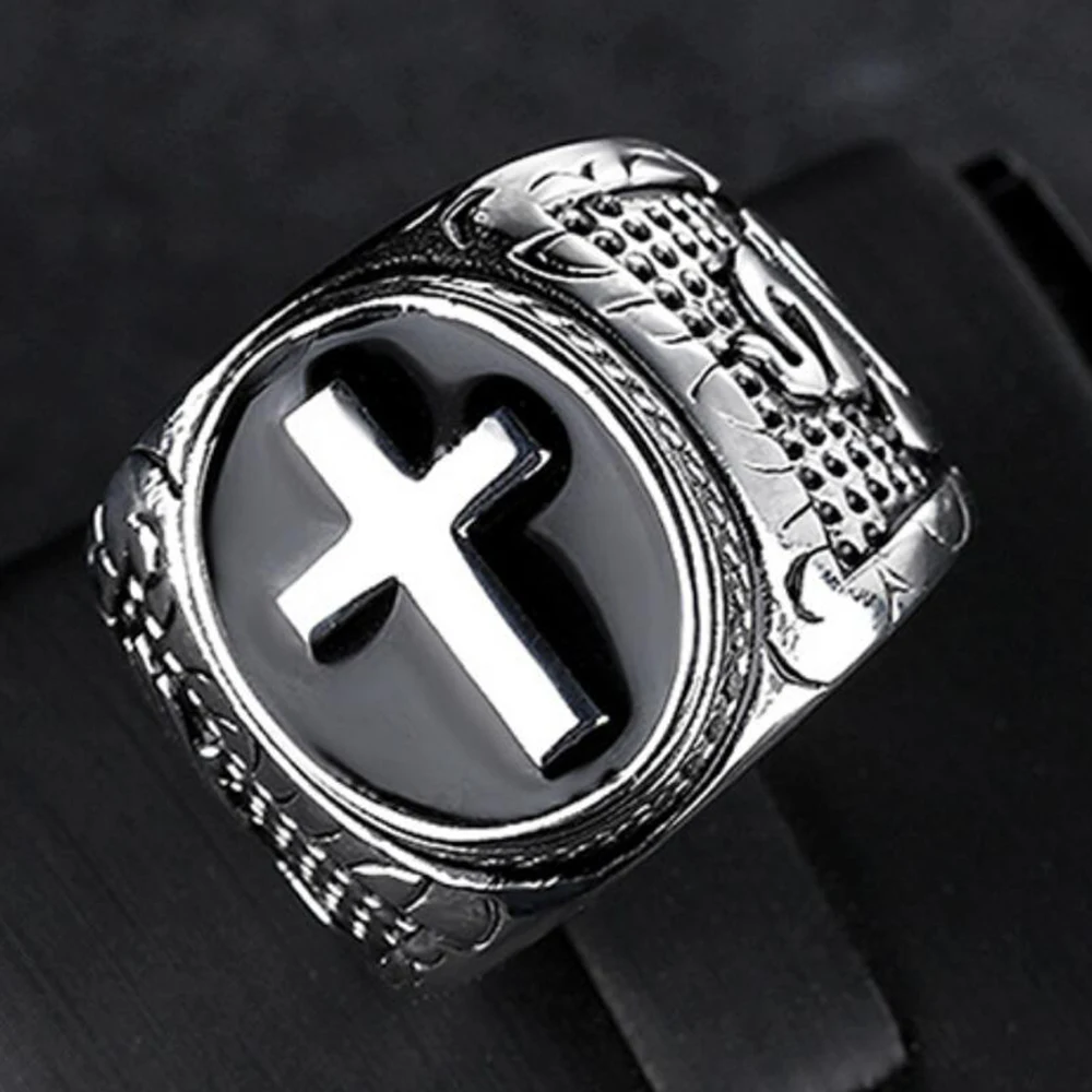 Konov Men's Stainless Steel Cross Ring | Silver Black Band, Size 8, With Gift Bag - View #9