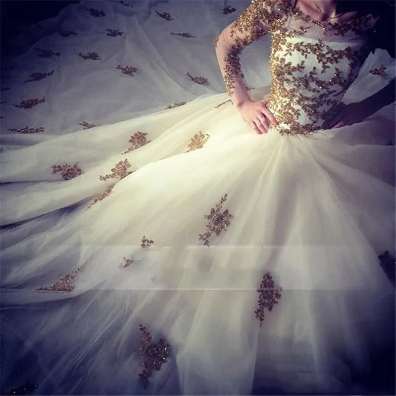 long sleeve wedding dress gold Elegant Lace Ball Gown Long Tulle Sleeve V Neck Wedding Dress 40