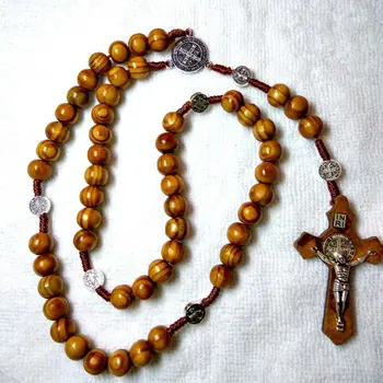 Wholesale Vintage Religious Rosary Chain Catholic Jewelry Rosary wooden Beads Tassel Jesus Cross Necklace