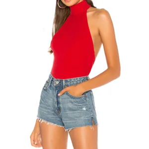 Casual Summer Tank Top Denim Shorts Woven Cotton Spandex Ribbed Open Back Design Halter Top Sweet Summer Sets