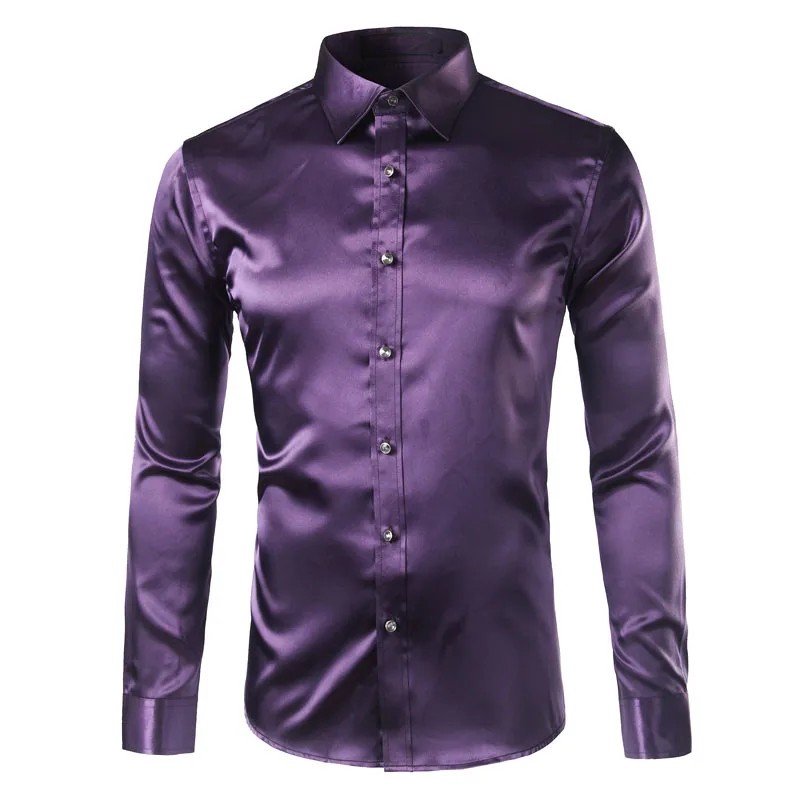 Mens Silk Satin Dress Shirt Fashion Swallow Collar Long Sleeve