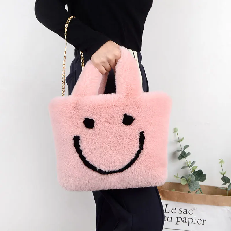 Cute Smiley Face Women Plush Shoulder Bag Soft Faux Fur Ladies Chain  Messenger Bags Fashion Female Small Purse Handbags