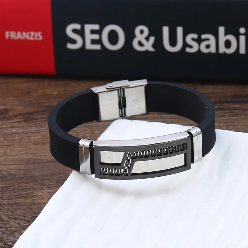 High Quality Punk Style Custom Design Black Silicone Jewelry 316L Stainless Steel Rubber Bracelets